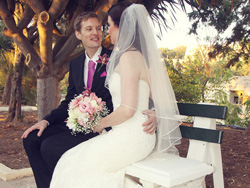 Lauren and Chris - Having a chat on a garden bench